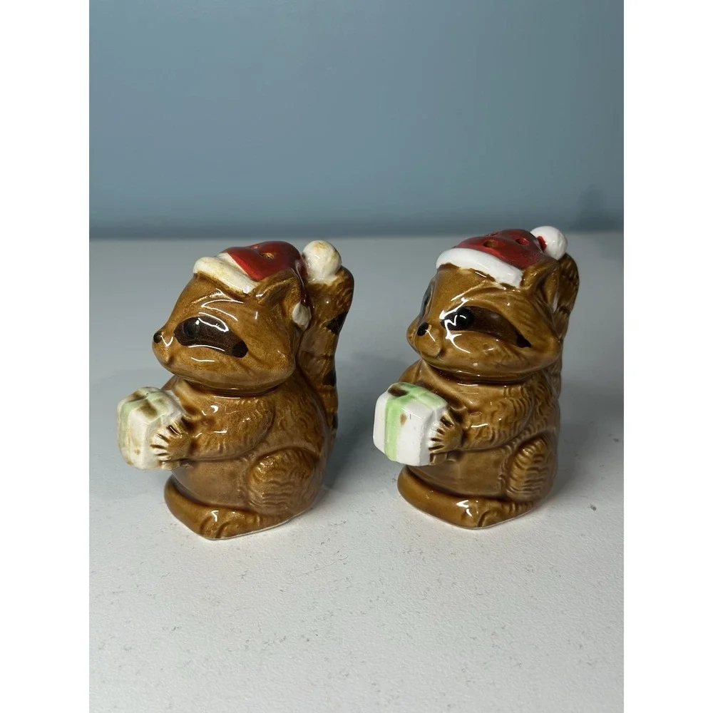 Vintage Set Of Christmas Racoon Salt & Pepper Shakers Holding Presents Japan